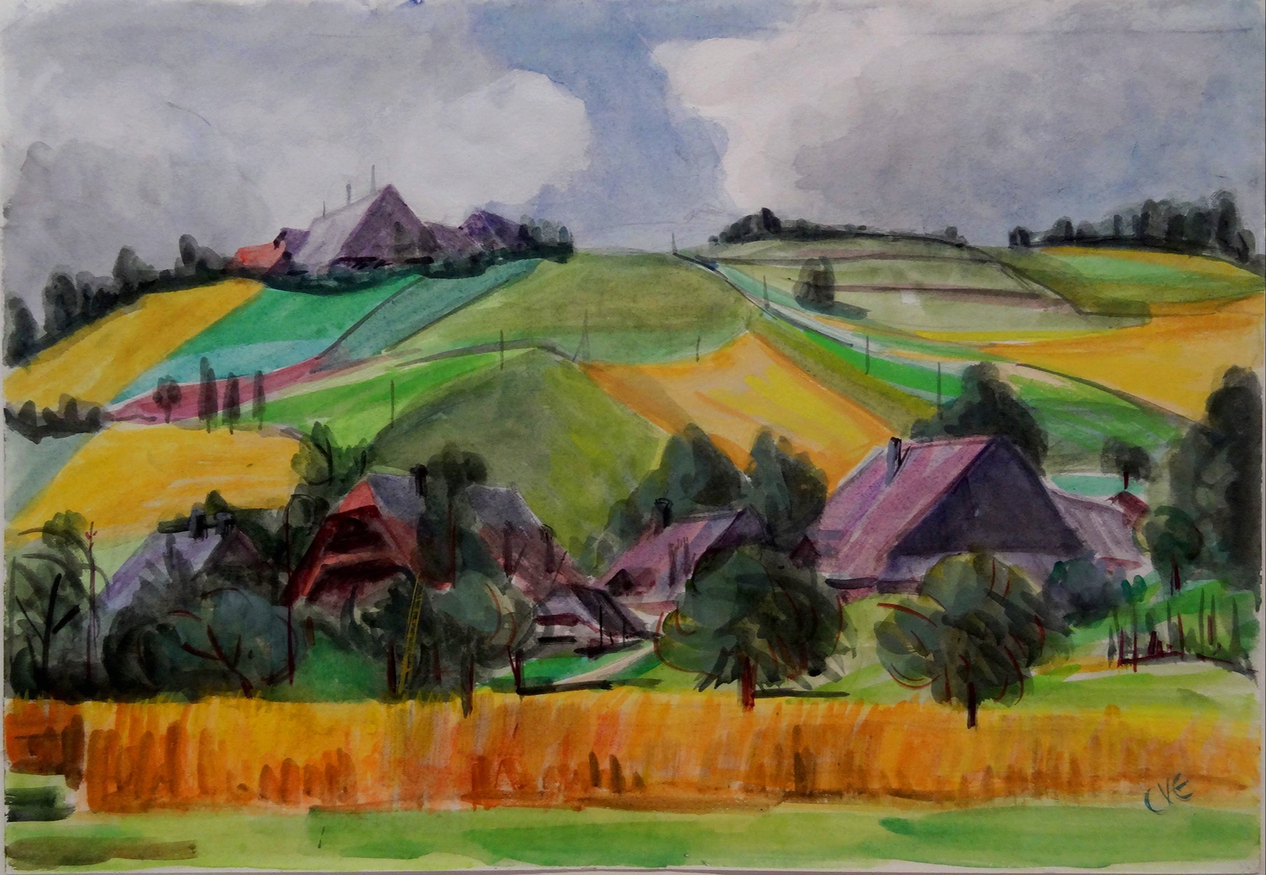 Höfe und der Blick auf Hügel und Täler